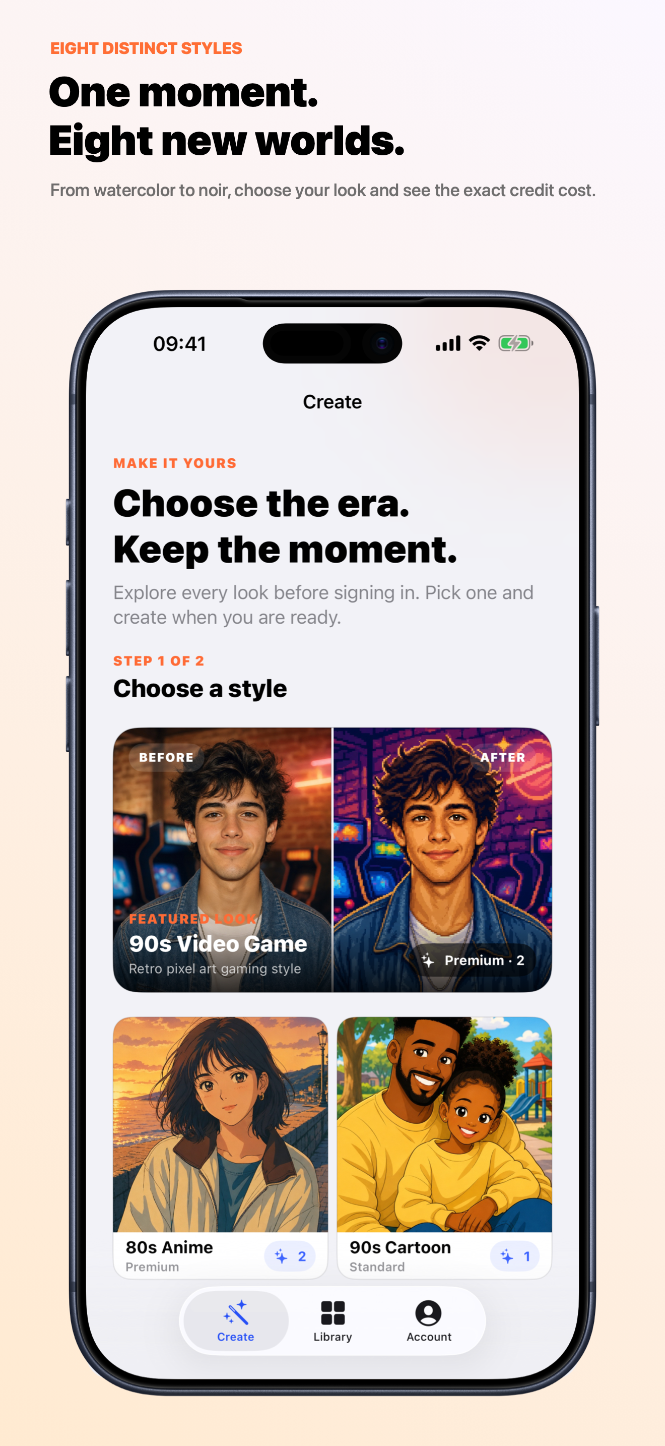 TeuHue Create screen showing the featured before-and-after style and visual catalog
