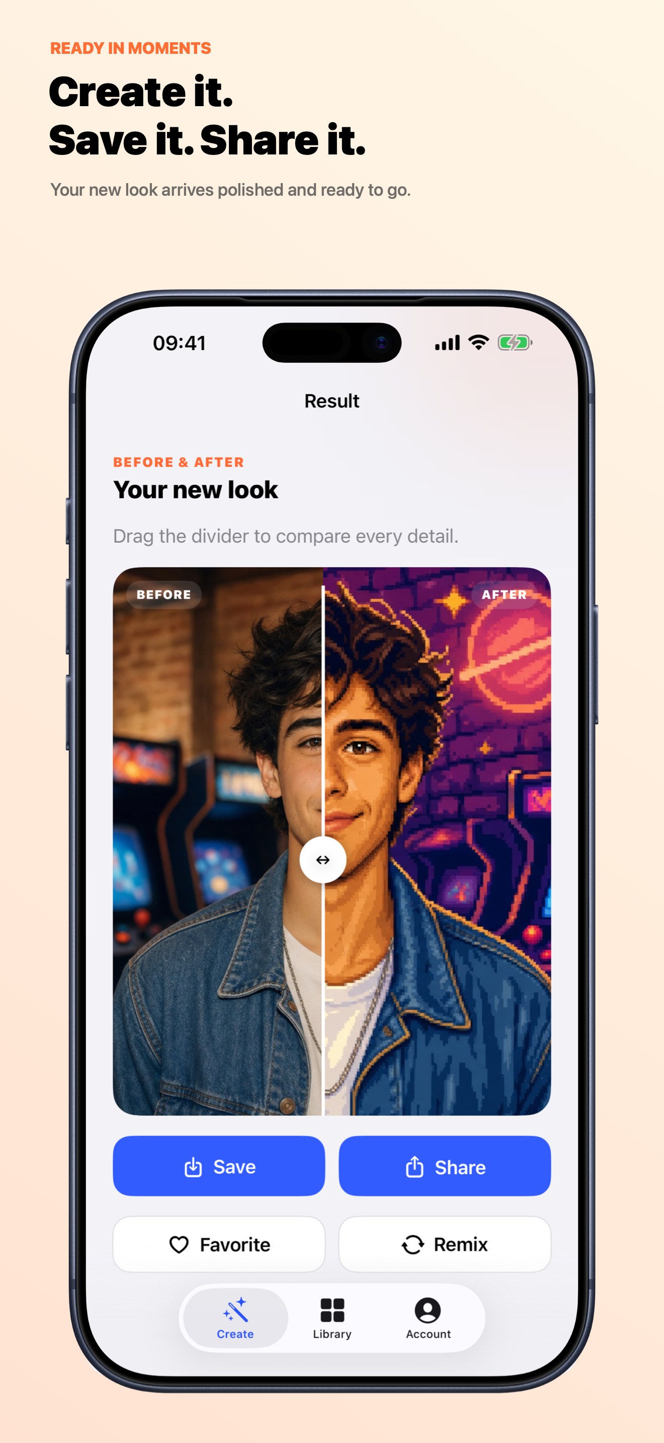 TeuHue result screen with a draggable before-and-after comparison