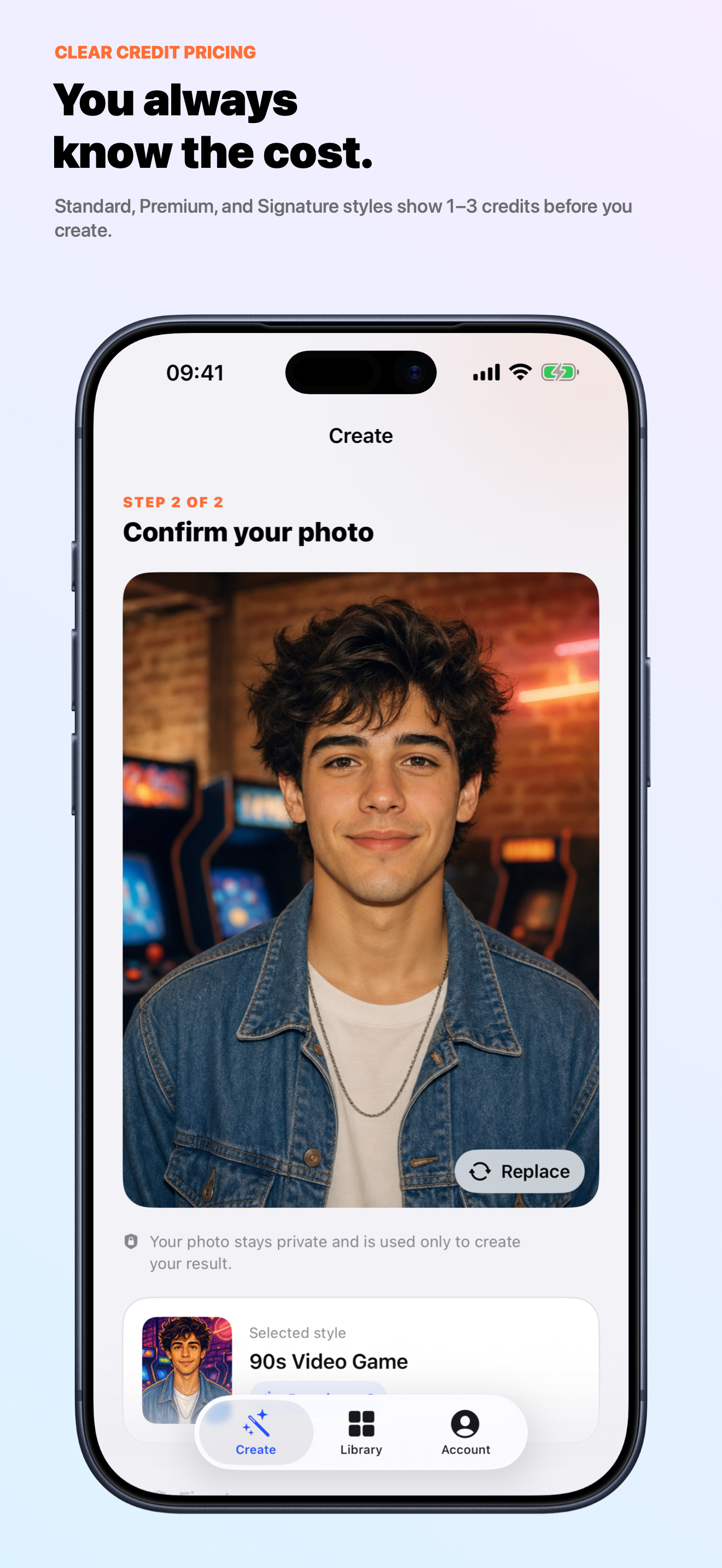 TeuHue photo confirmation screen with privacy guidance and exact credit cost