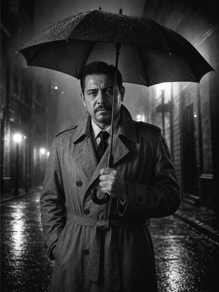 A portrait transformed into cinematic black-and-white noir